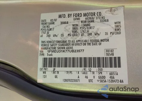 2007 Ford Explorer Sport Trac Xlt z USA, uszkodzony, nr VIN 1FMEU31K77UB23577